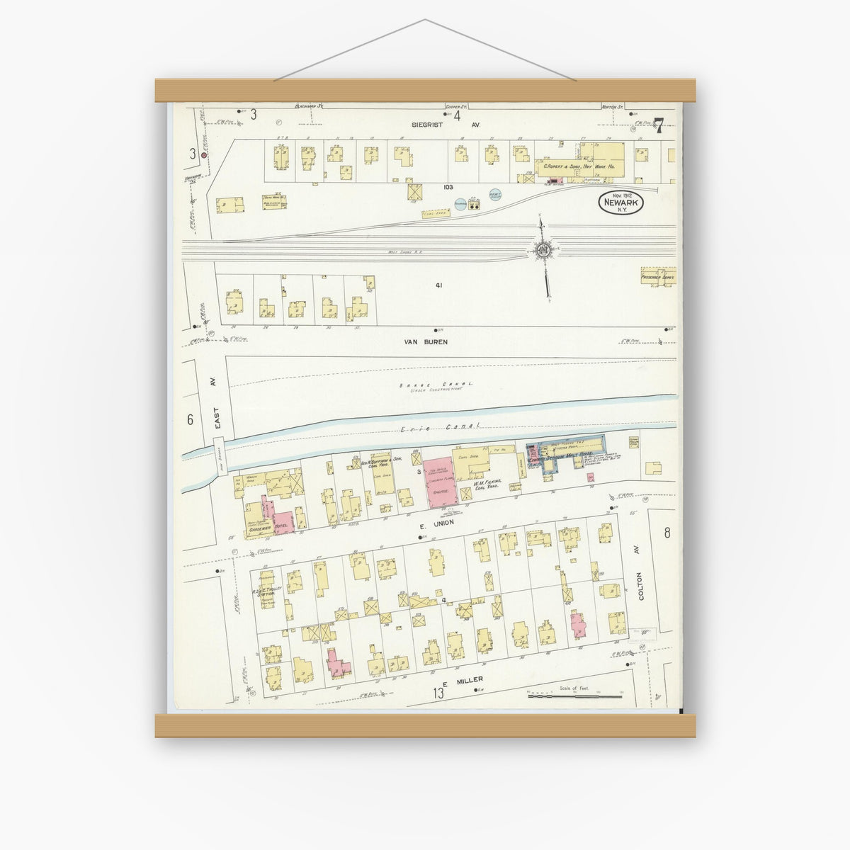 Old map wall art mockup — magnetic wood frame on white wall — Sanborn Fire Insurance Map from Newark, Wayne County, New York (1912), Sheet #0007