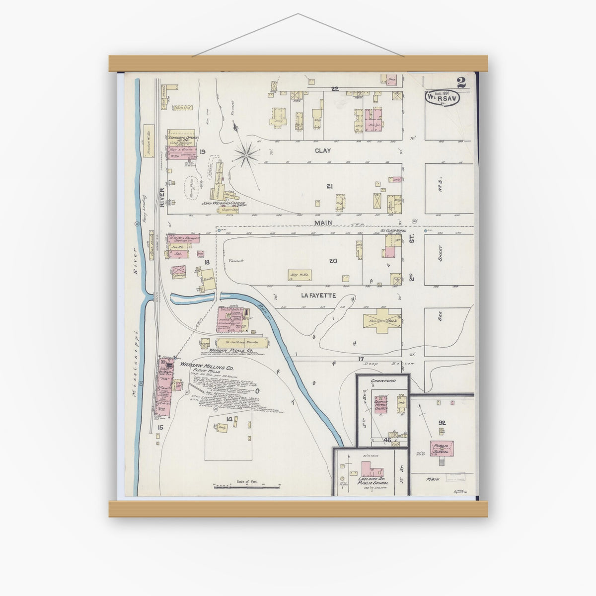 Old map wall art mockup — magnetic wood frame on white wall — Sanborn Fire Insurance Map from Warsaw, Hancock County, Illinois (1890), Sheet #0002