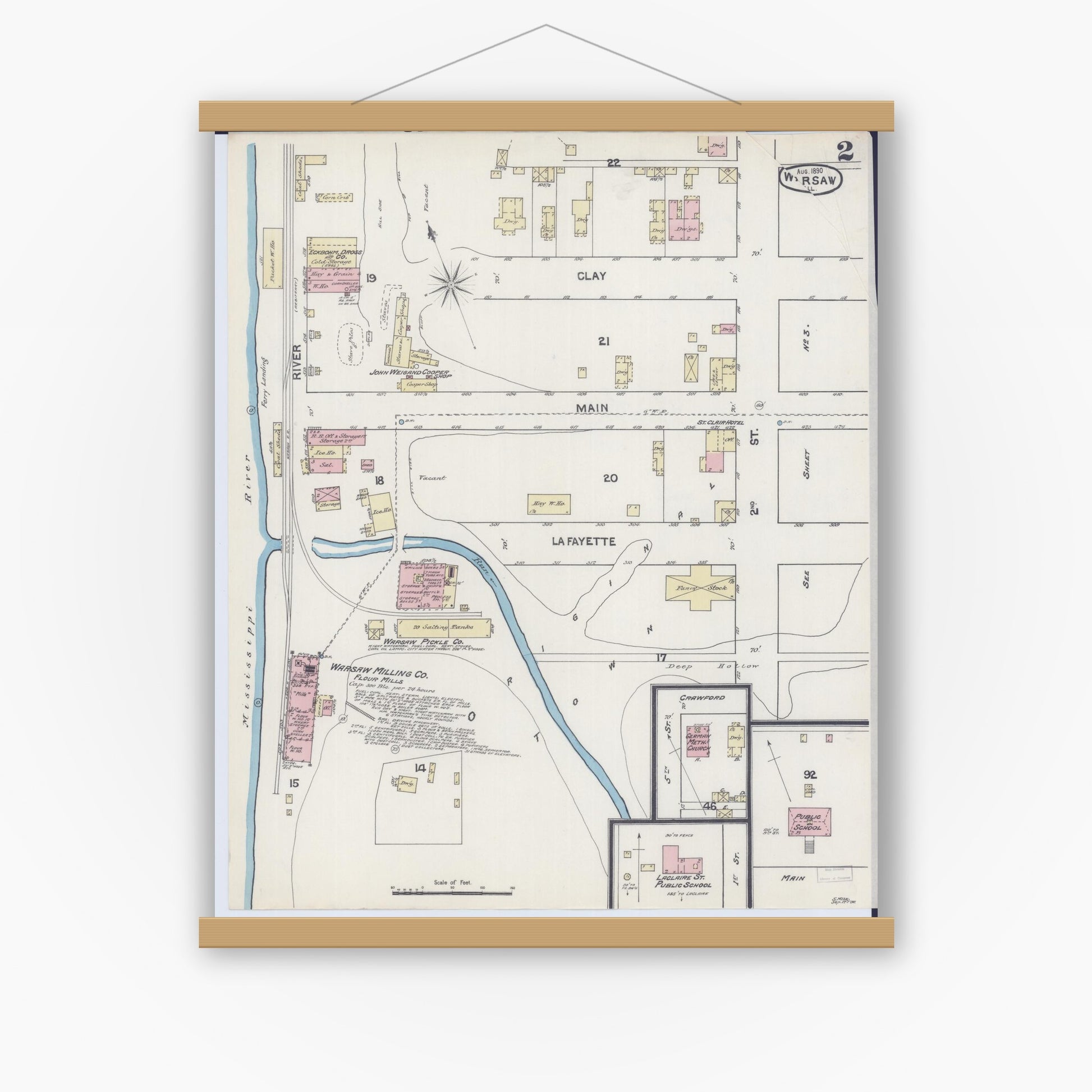 Old map wall art mockup — magnetic wood frame on white wall — Sanborn Fire Insurance Map from Warsaw, Hancock County, Illinois (1890), Sheet #0002