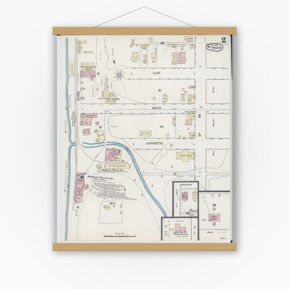 Old map wall art mockup — magnetic wood frame on white wall — Sanborn Fire Insurance Map from Warsaw, Hancock County, Illinois (1890), Sheet #0002