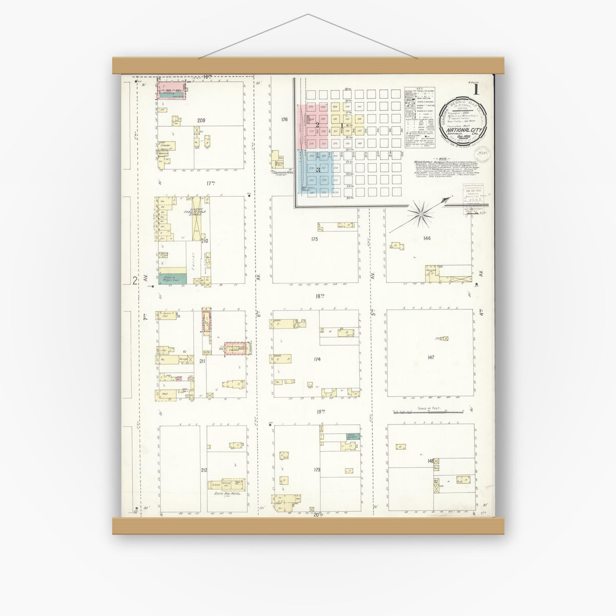 Old map wall art mockup — magnetic wood frame on white wall — Sanborn Fire Insurance Map from National City, San Diego County, California (1899) - Complete Map Set