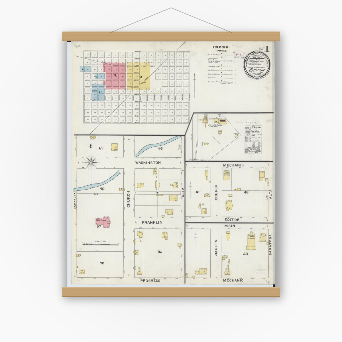 Old map wall art mockup — magnetic wood frame on white wall — Sanborn Fire Insurance Map from Ashland, Cass County, Illinois (1894), Sheet #0001