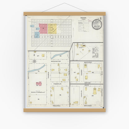 Old map wall art mockup — magnetic wood frame on white wall — Sanborn Fire Insurance Map from Ashland, Cass County, Illinois (1894), Sheet #0001