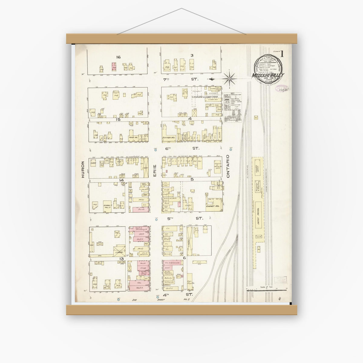 Old map wall art mockup — magnetic wood frame on white wall — Sanborn Fire Insurance Map from Missouri Valley, Harrison County, Iowa (1886) â€” Complete Set