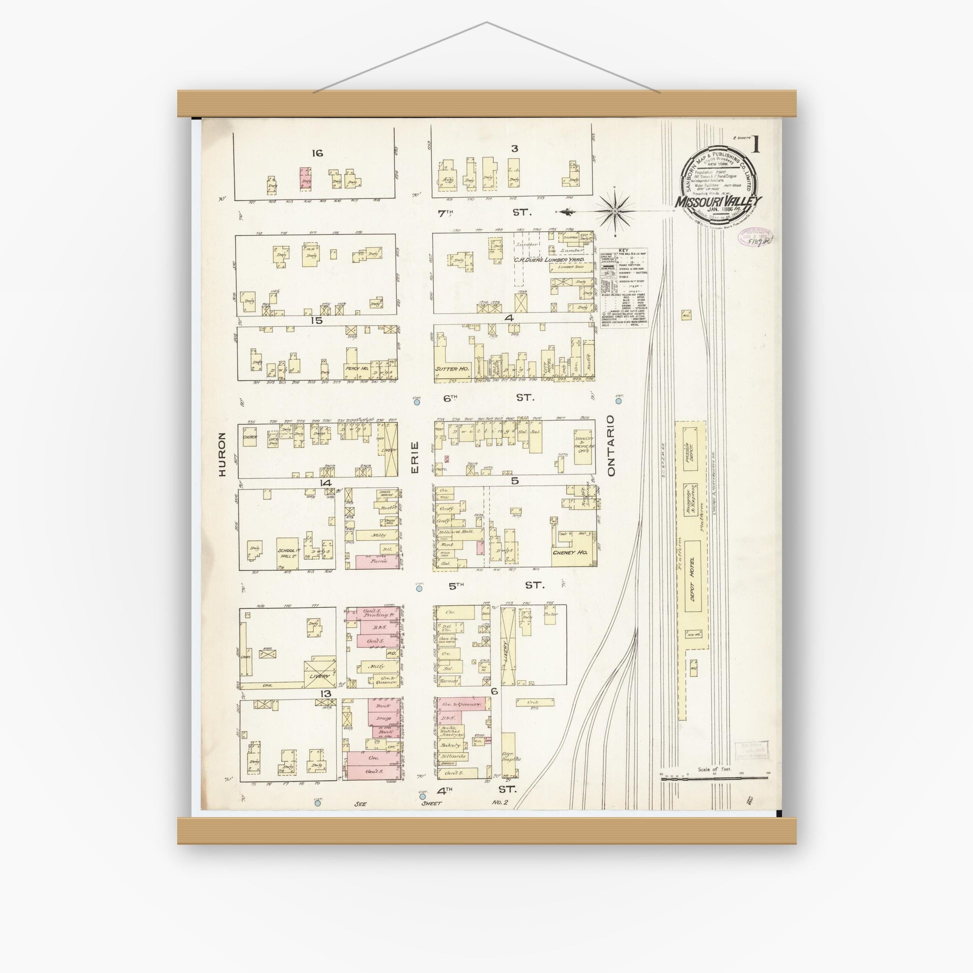 Old map wall art mockup — magnetic wood frame on white wall — Sanborn Fire Insurance Map from Missouri Valley, Harrison County, Iowa (1886) â€” Complete Set