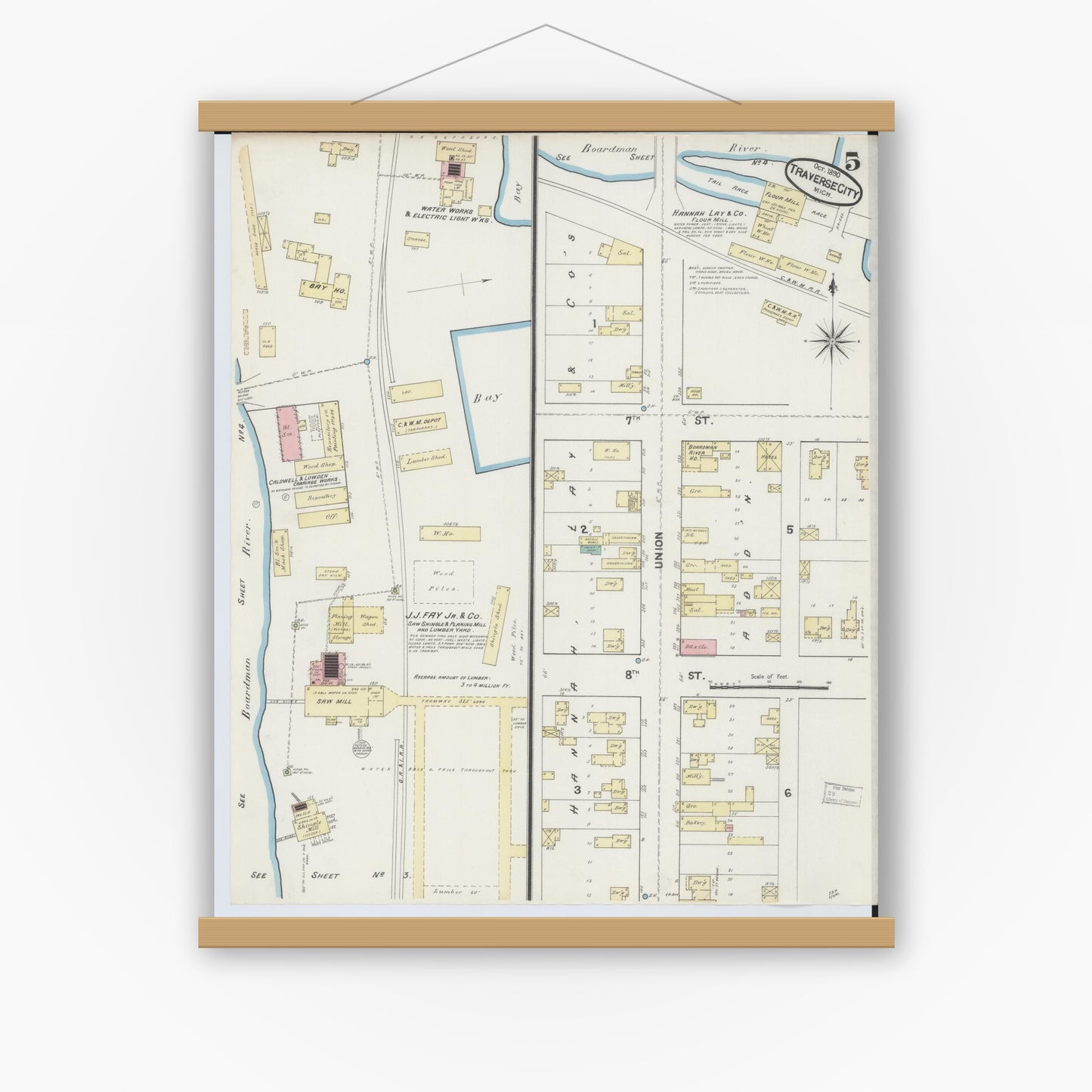 Old map wall art mockup — magnetic wood frame on white wall — Sanborn Fire Insurance Map from Traverse City, Grand Traverse County, Michigan (1890), Sheet #0005