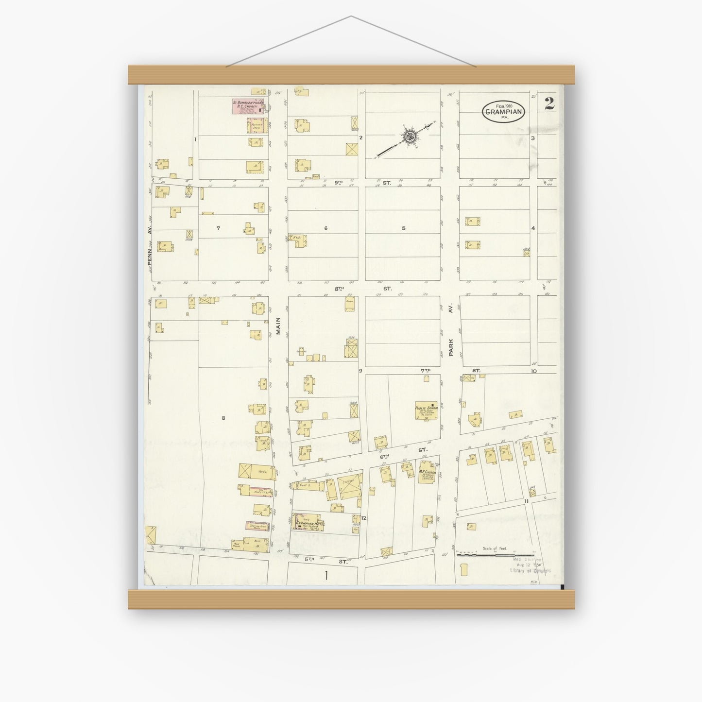 Old map wall art mockup — magnetic wood frame on white wall — Sanborn Fire Insurance Map from Grampian, Clearfield County, Pennsylvania (1910), Sheet #0002