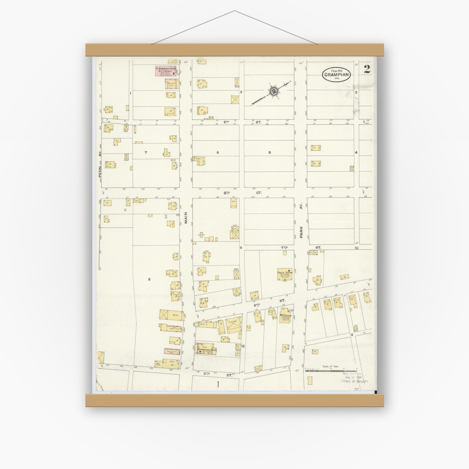 Old map wall art mockup — magnetic wood frame on white wall — Sanborn Fire Insurance Map from Grampian, Clearfield County, Pennsylvania (1910), Sheet #0002