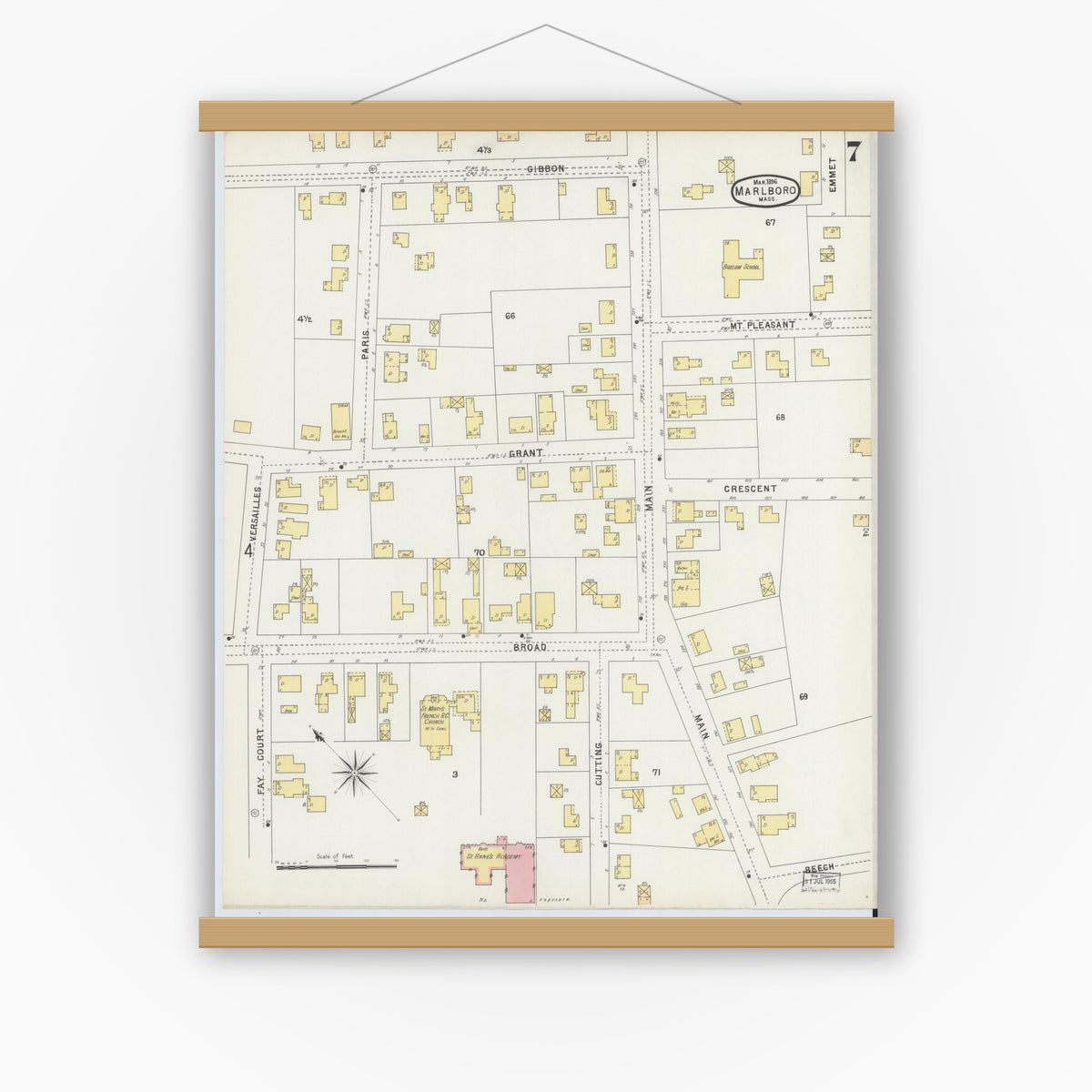 Old map wall art mockup — magnetic wood frame on white wall — Sanborn Fire Insurance Map from Marlborough, Middlesex County, Massachusetts (1896), Sheet #0007