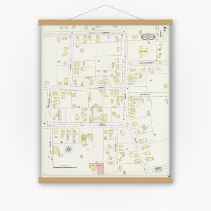 Old map wall art mockup — magnetic wood frame on white wall — Sanborn Fire Insurance Map from Marlborough, Middlesex County, Massachusetts (1896), Sheet #0007