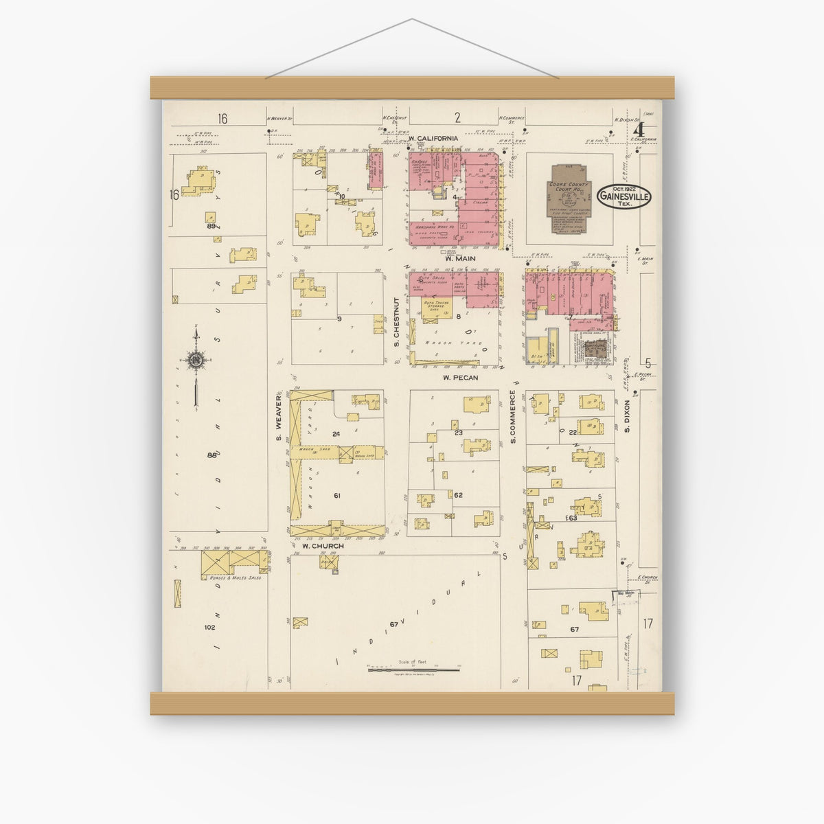 Old map wall art mockup — magnetic wood frame on white wall — Sanborn Fire Insurance Map from Gainesville, Cooke County, Texas (1922), Sheet #0004