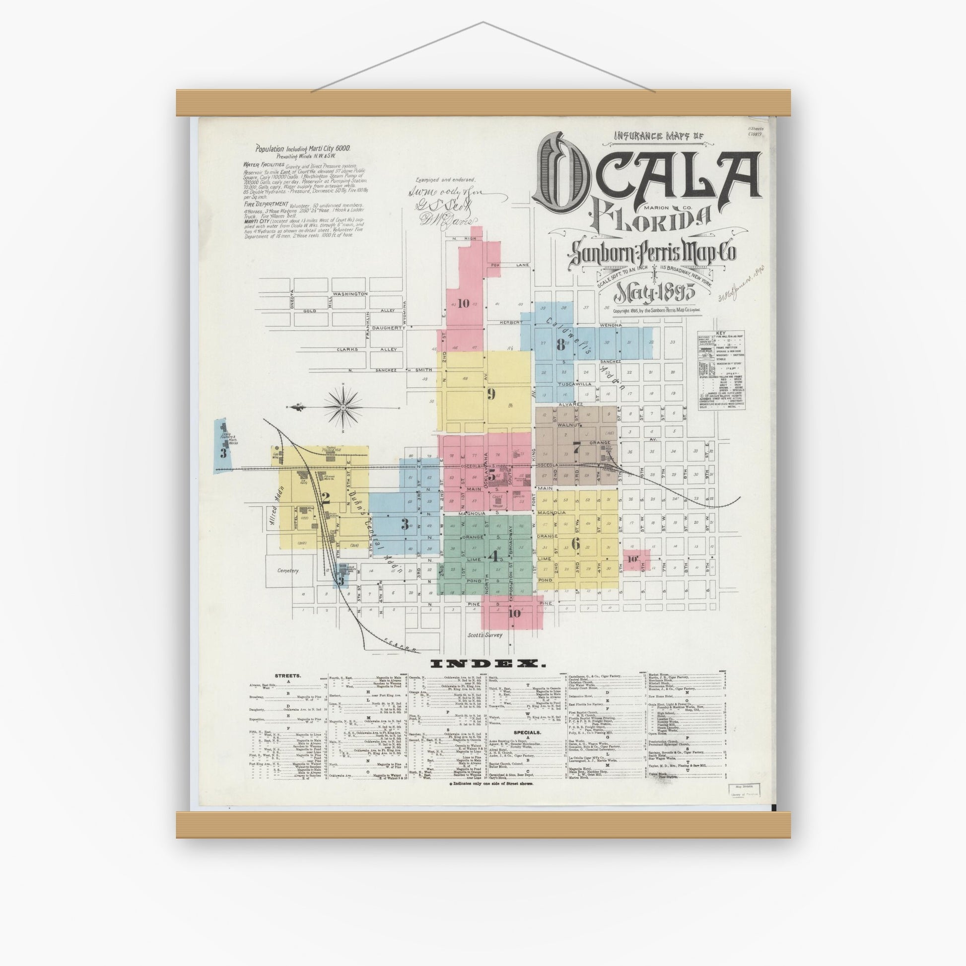 Old map wall art mockup — magnetic wood frame on white wall — Sanborn Fire Insurance Map from Ocala, Marion County, Florida (1895) - Complete Map Set