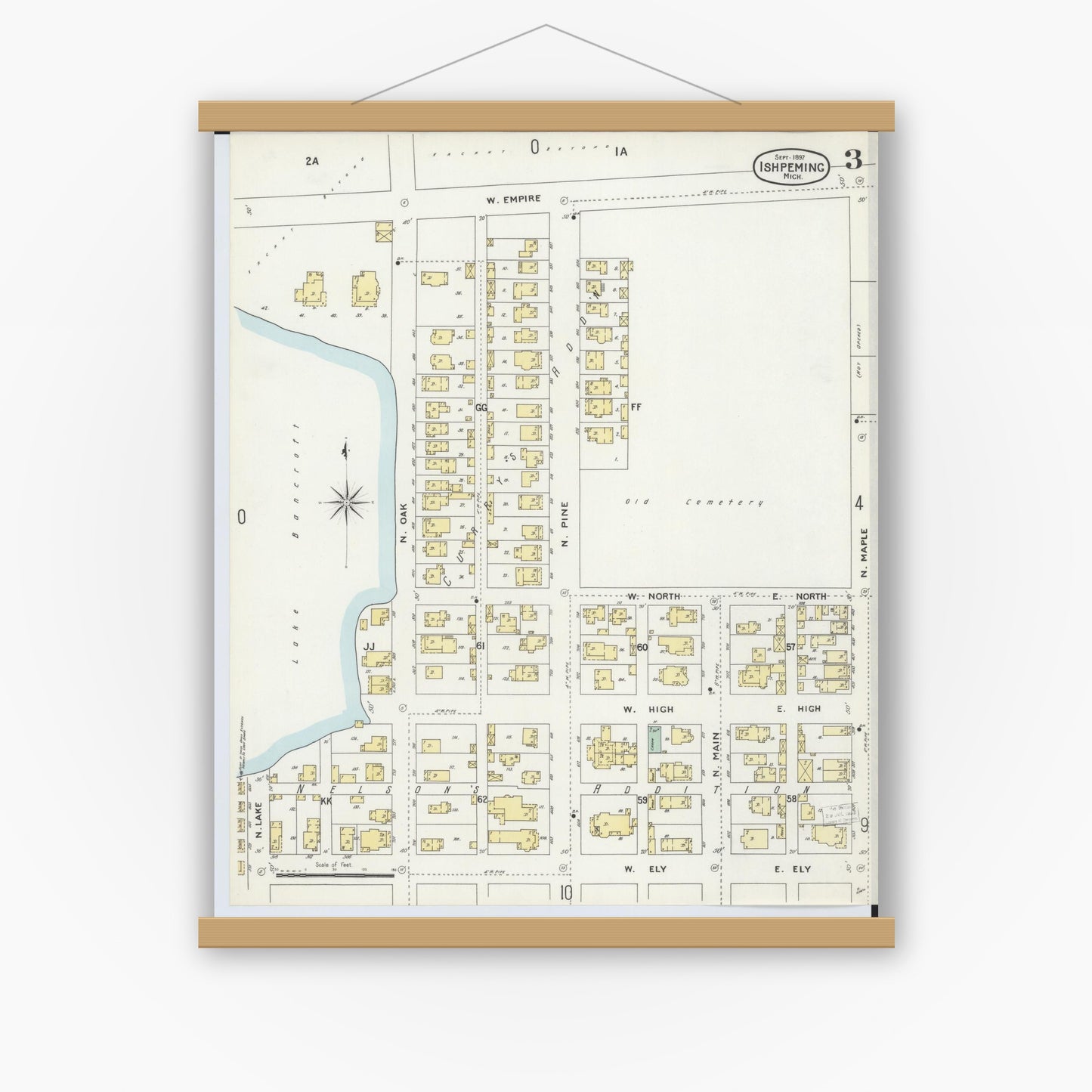 Old map wall art mockup — magnetic wood frame on white wall — Sanborn Fire Insurance Map from Ishpeming, Marquette County, Michigan (1897), Sheet #0003