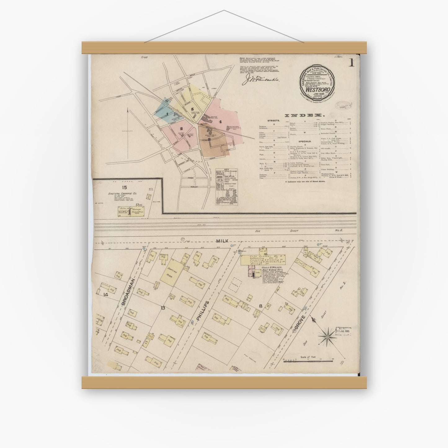 Old map wall art mockup — magnetic wood frame on white wall — Sanborn Fire Insurance Map from Westboro, Worcester County, Massachusetts (1888) - Complete Map Set