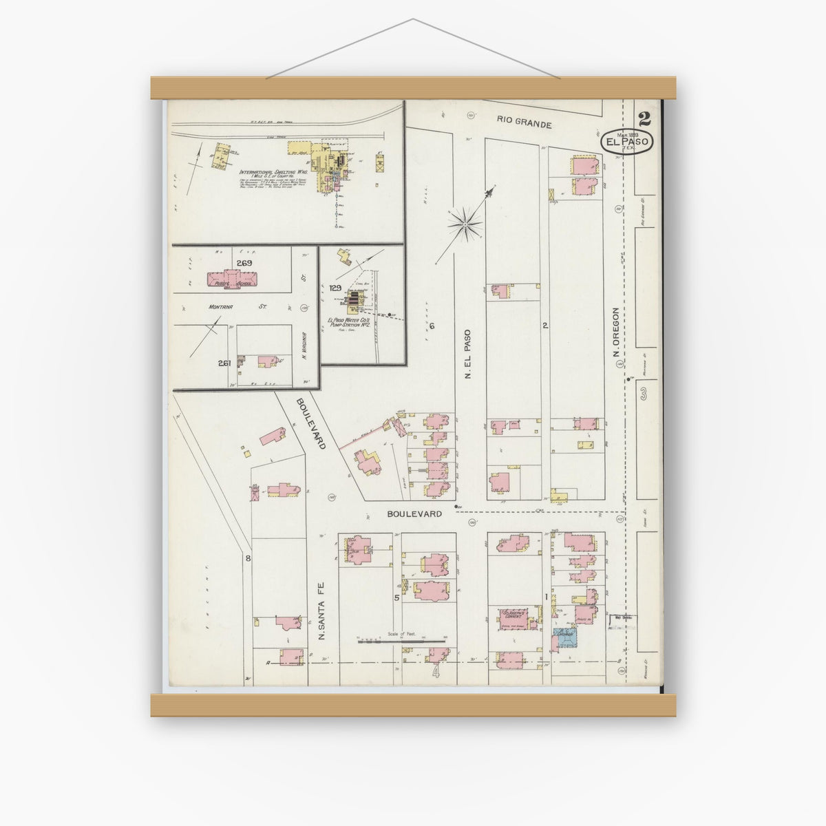 Old map wall art mockup — magnetic wood frame on white wall — Sanborn Fire Insurance Map from El Paso, El Paso County, Texas (1893), Sheet #0002