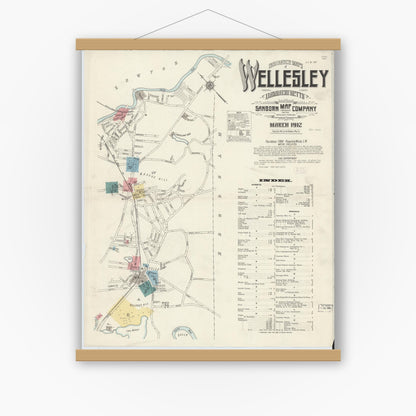 Old map wall art mockup — magnetic wood frame on white wall — Sanborn Fire Insurance Map from Wellesley, Norfolk County, Massachusetts (1912) - Complete Map Set