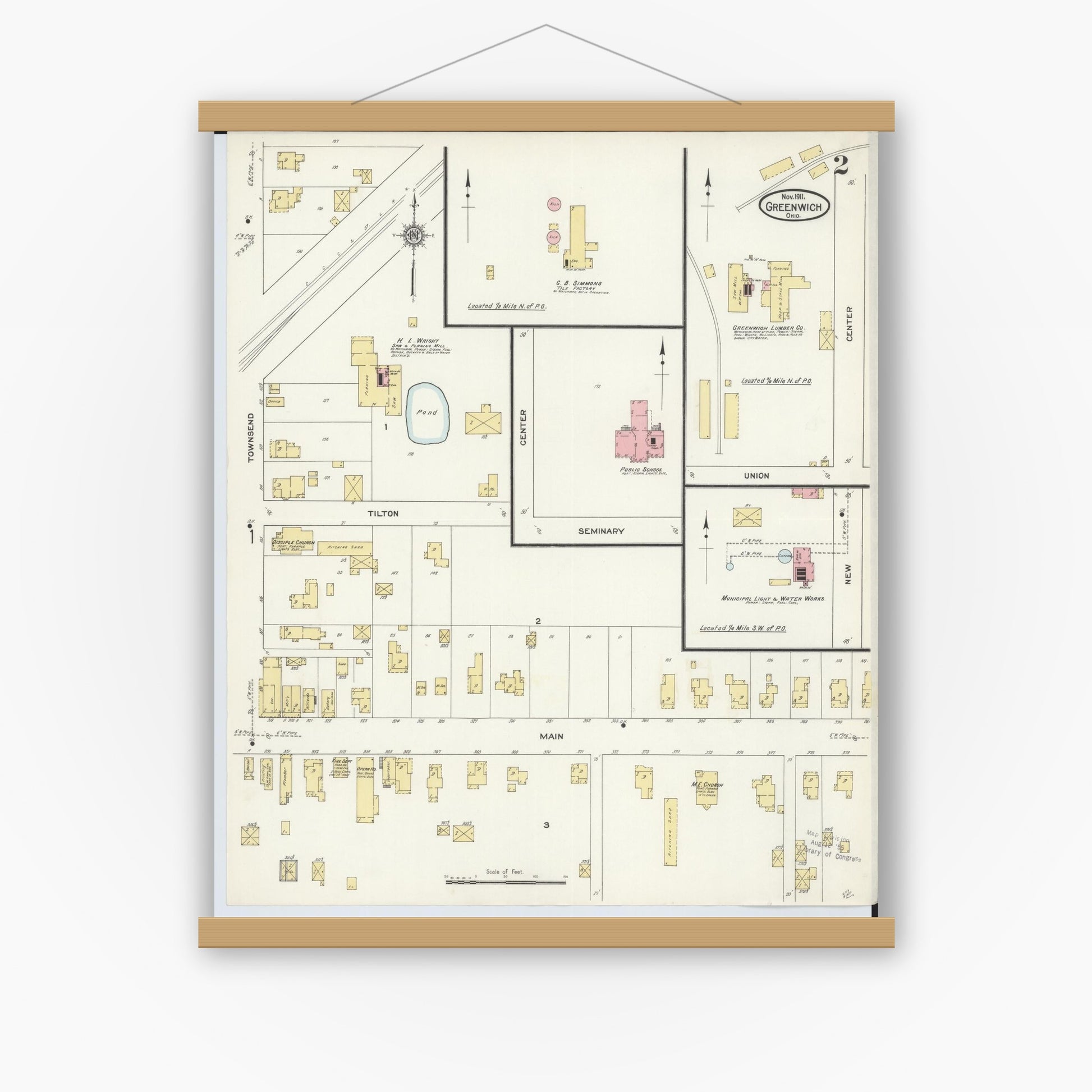 Old map wall art mockup — magnetic wood frame on white wall — Sanborn Fire Insurance Map from Greenwich, Huron County, Ohio (1911), Sheet #0002