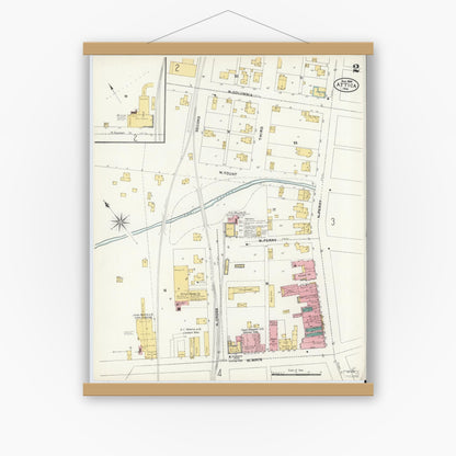 Old map wall art mockup — magnetic wood frame on white wall — Sanborn Fire Insurance Map from Attica, Fountain County, Indiana (1905), Sheet #0002