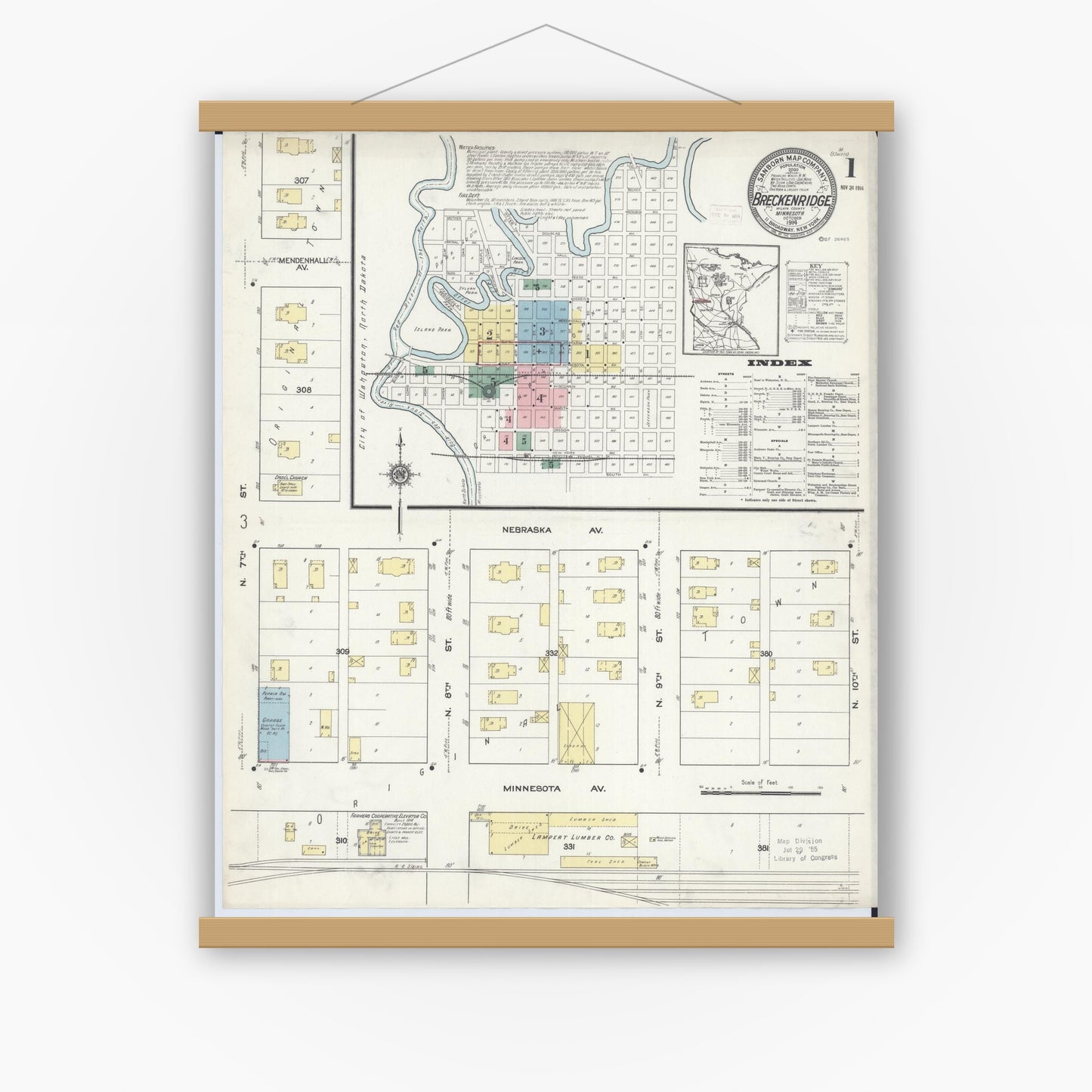 Old map wall art mockup — magnetic wood frame on white wall — Sanborn Fire Insurance Map from Breckenridge, Wilkin County, Minnesota (1914), Sheet #0001