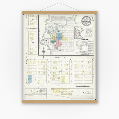 Old map wall art mockup — magnetic wood frame on white wall — Sanborn Fire Insurance Map from Breckenridge, Wilkin County, Minnesota (1914), Sheet #0001