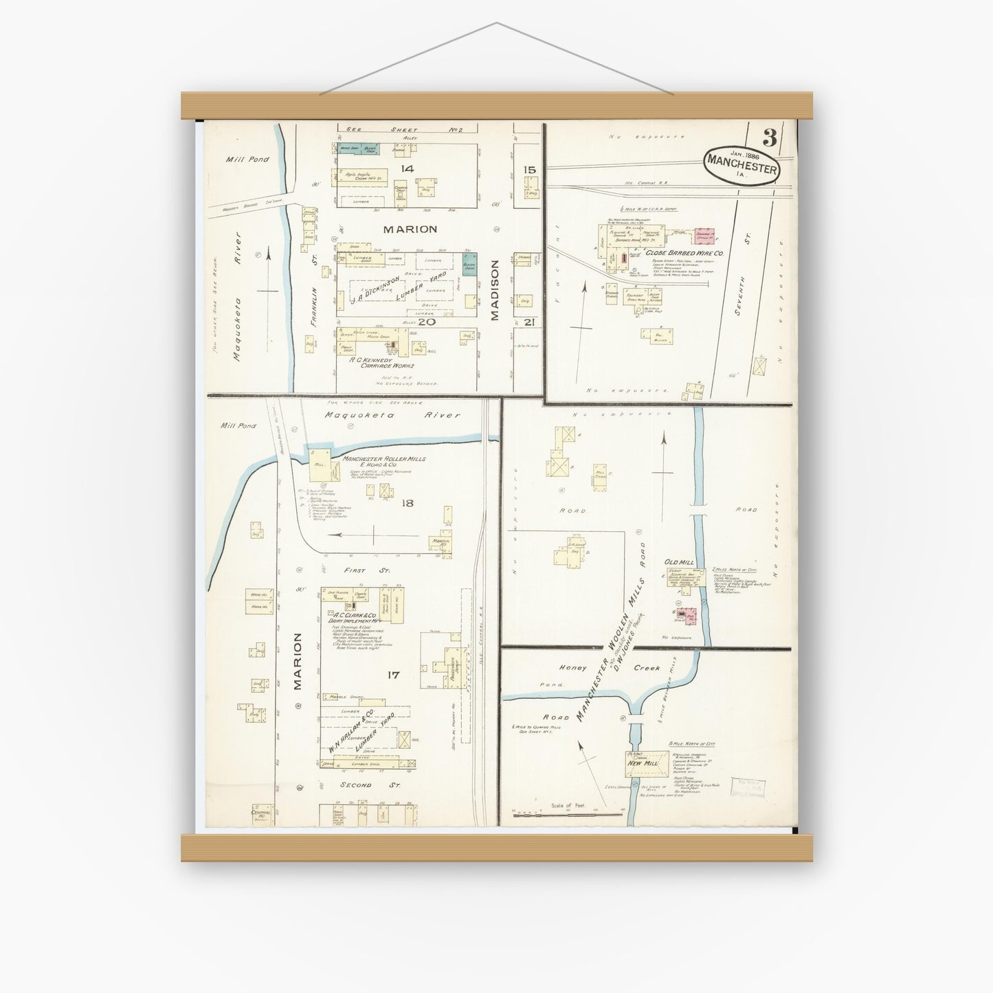 Old map wall art mockup — magnetic wood frame on white wall — Sanborn Fire Insurance Map from Manchester, Delaware County, Iowa (1886), Sheet #0003