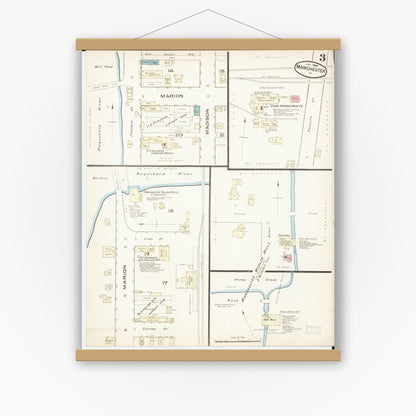 Old map wall art mockup — magnetic wood frame on white wall — Sanborn Fire Insurance Map from Manchester, Delaware County, Iowa (1886), Sheet #0003