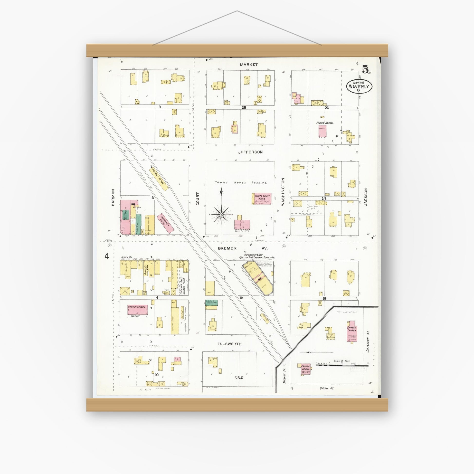 Old map wall art mockup — magnetic wood frame on white wall — Sanborn Fire Insurance Map from Waverly, Bremer County, Iowa (1905), Sheet #0005