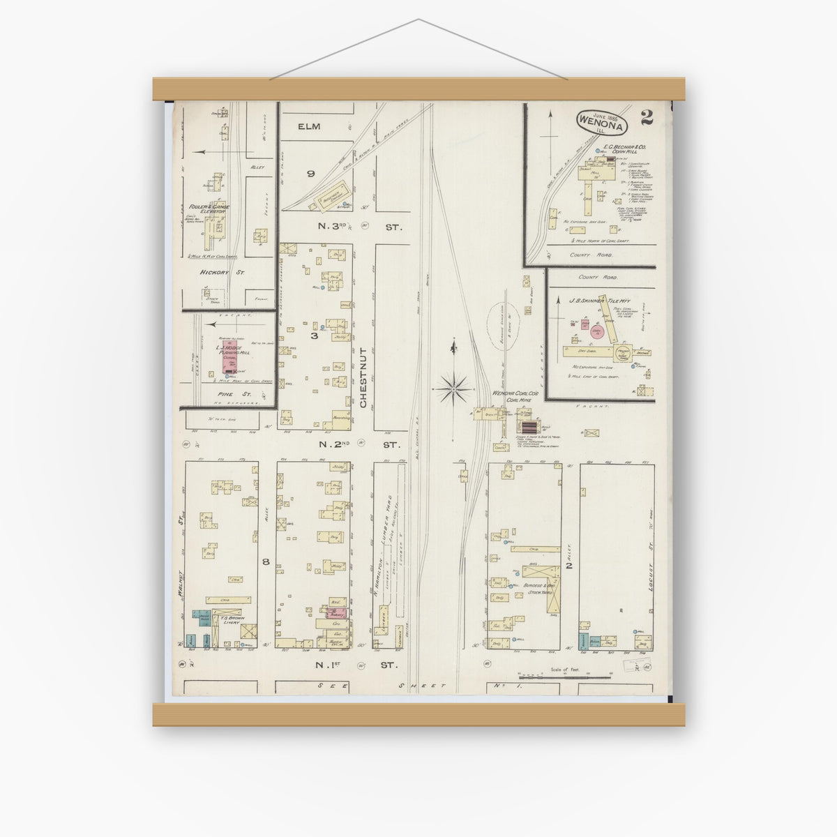 Old map wall art mockup — magnetic wood frame on white wall — Sanborn Fire Insurance Map from Wenona, Marshall County, Illinois (1885), Sheet #0002