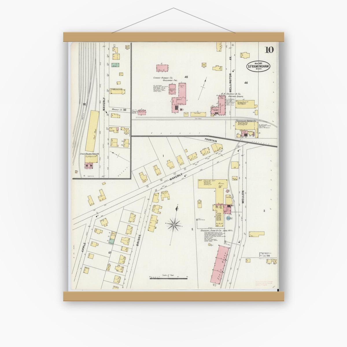 Old map wall art mockup — magnetic wood frame on white wall — Sanborn Fire Insurance Map from South Farmington, Middlesex County, Massachusetts (1897), Sheet #0010