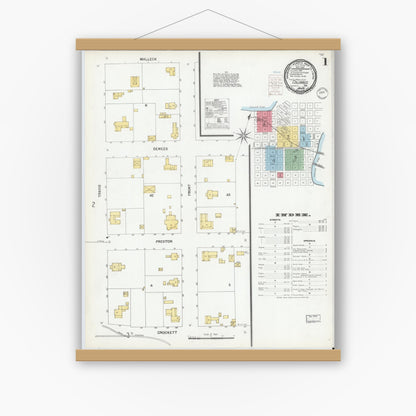 Old map wall art mockup — magnetic wood frame on white wall — Sanborn Fire Insurance Map from Columbus, Colorado County, Texas (1900), Sheet #0001