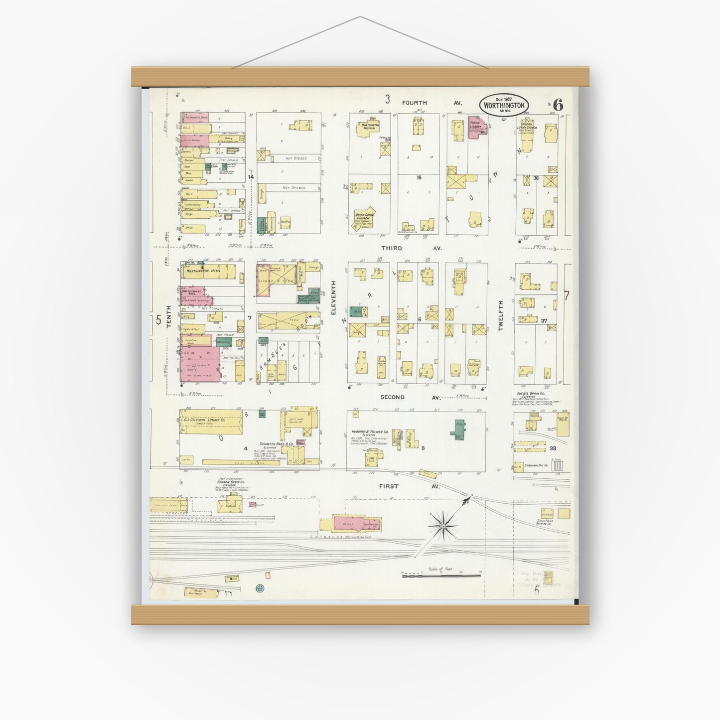 Old map wall art mockup — magnetic wood frame on white wall — Sanborn Fire Insurance Map from Worthington, Nobles County, Minnesota (1907), Sheet #0006