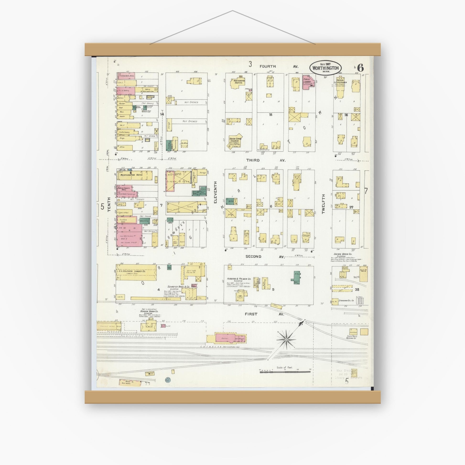 Old map wall art mockup — magnetic wood frame on white wall — Sanborn Fire Insurance Map from Worthington, Nobles County, Minnesota (1907), Sheet #0006