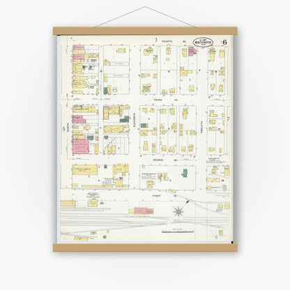 Old map wall art mockup — magnetic wood frame on white wall — Sanborn Fire Insurance Map from Worthington, Nobles County, Minnesota (1907), Sheet #0006