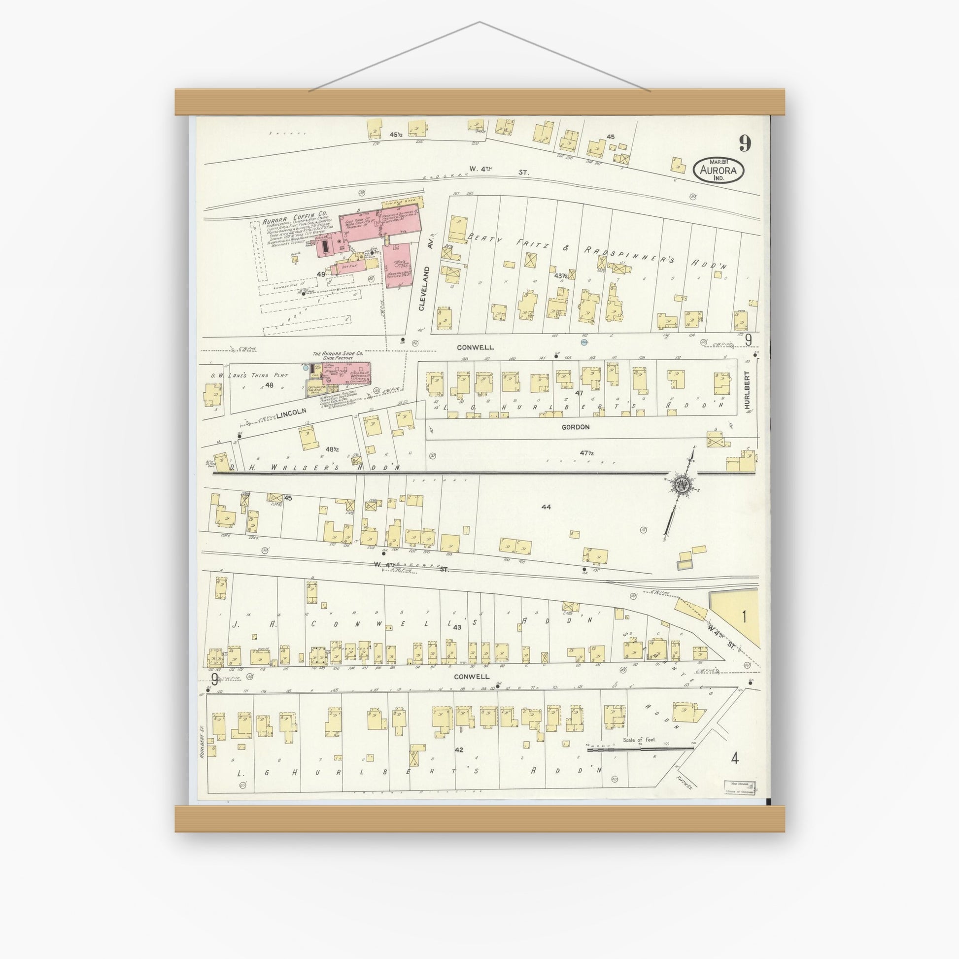Old map wall art mockup — magnetic wood frame on white wall — Sanborn Fire Insurance Map from Aurora, Dearborn County, Indiana (1911), Sheet #0009