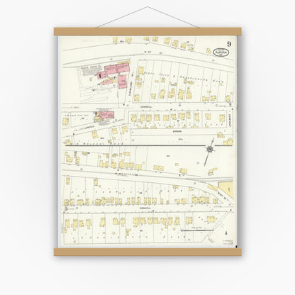 Old map wall art mockup — magnetic wood frame on white wall — Sanborn Fire Insurance Map from Aurora, Dearborn County, Indiana (1911), Sheet #0009