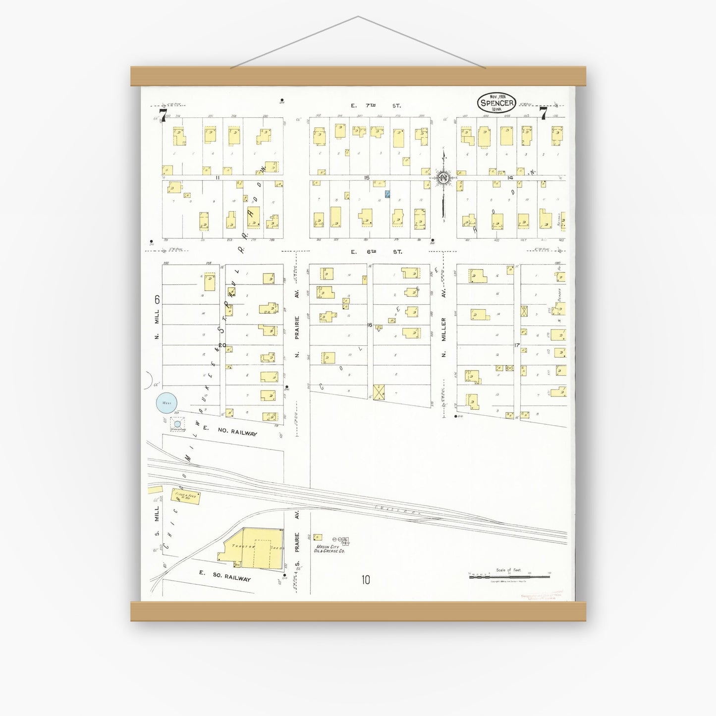 Old map wall art mockup — magnetic wood frame on white wall — Sanborn Fire Insurance Map from Spencer, Clay County, Iowa (1924), Sheet #0007
