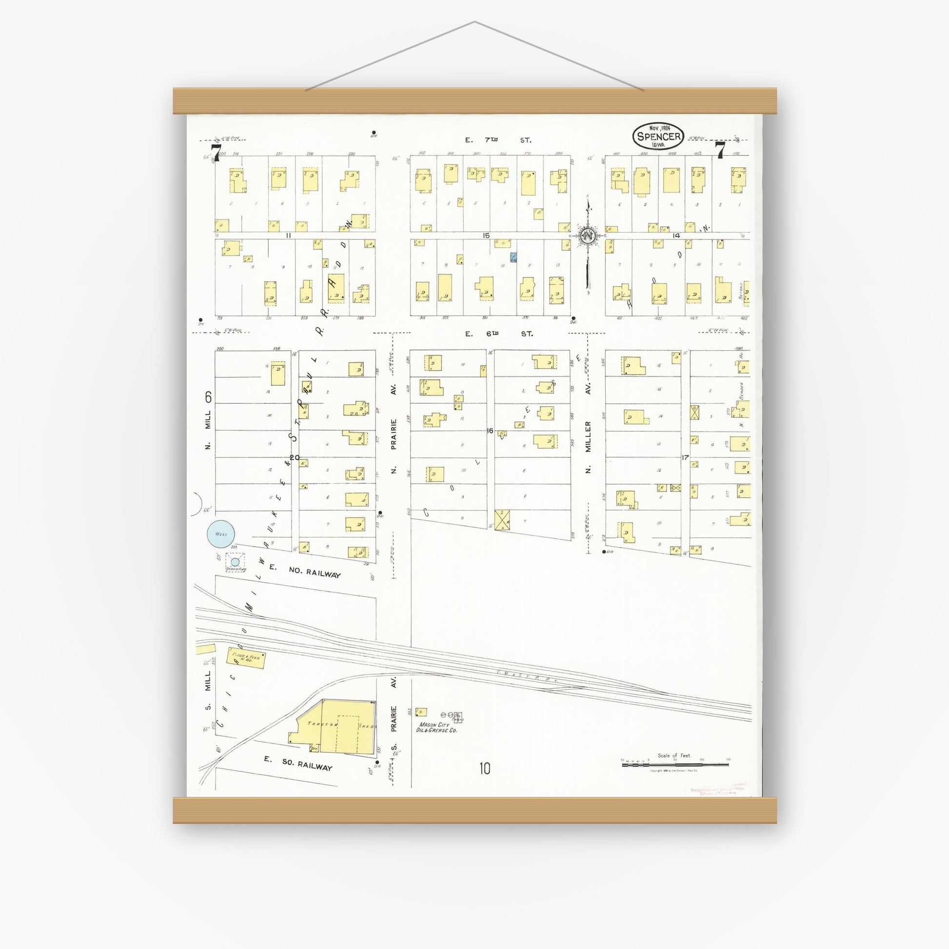 Old map wall art mockup — magnetic wood frame on white wall — Sanborn Fire Insurance Map from Spencer, Clay County, Iowa (1924), Sheet #0007