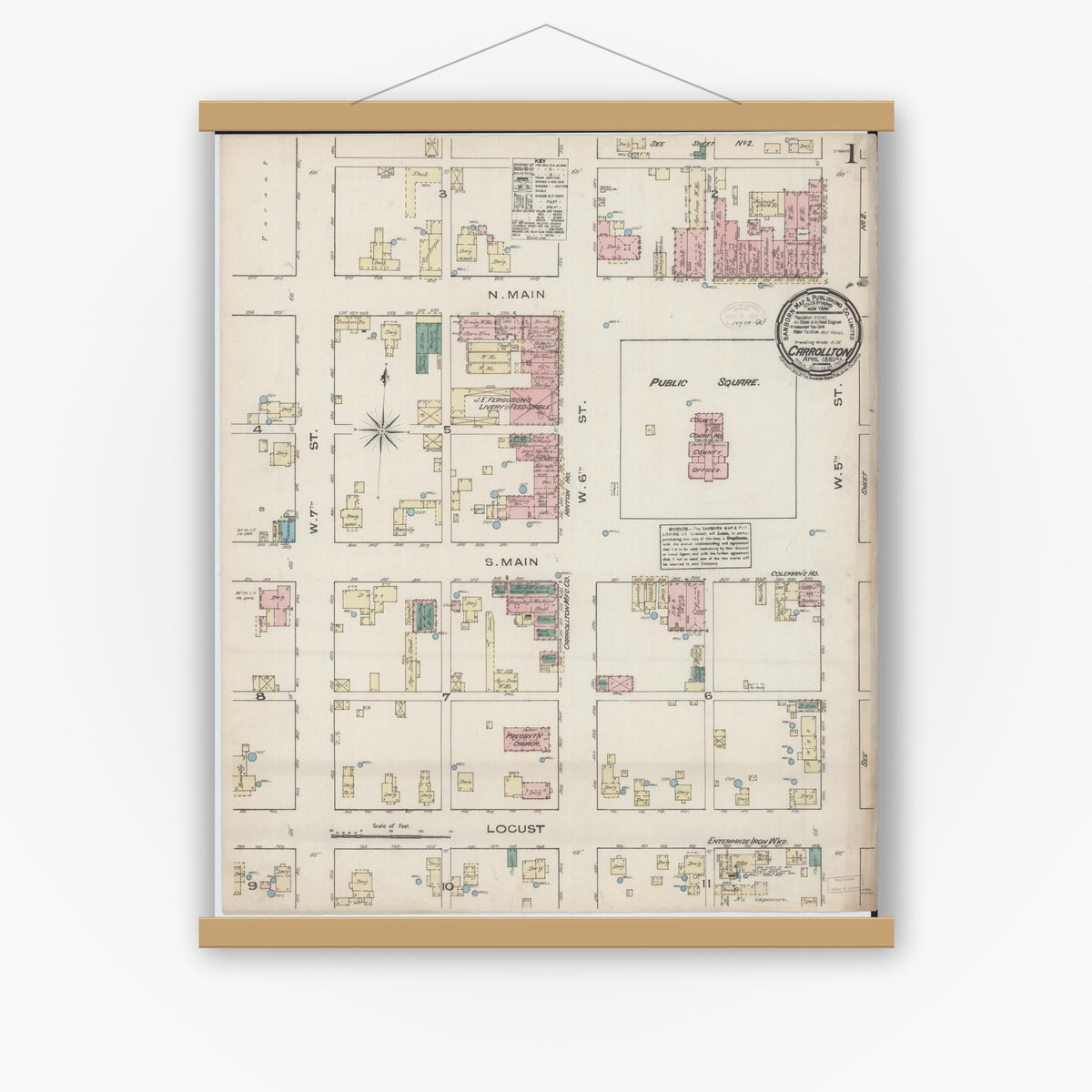 Old map wall art mockup — magnetic wood frame on white wall — Sanborn Fire Insurance Map from Carrollton, Greene County, Illinois (1885), Sheet #0001