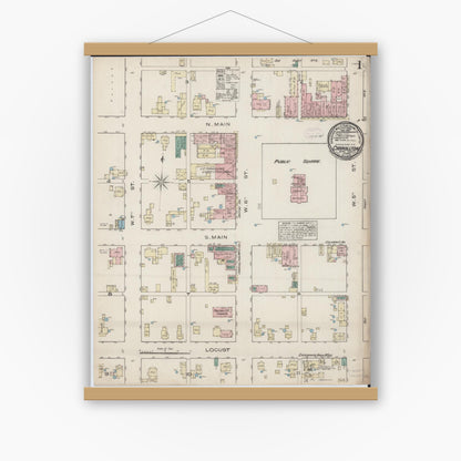 Old map wall art mockup — magnetic wood frame on white wall — Sanborn Fire Insurance Map from Carrollton, Greene County, Illinois (1885), Sheet #0001