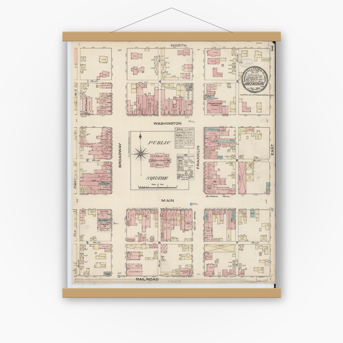 Old map wall art mockup — magnetic wood frame on white wall — Sanborn Fire Insurance Map from Greensburg, Decatur County, Indiana (1883) - Complete Map Set