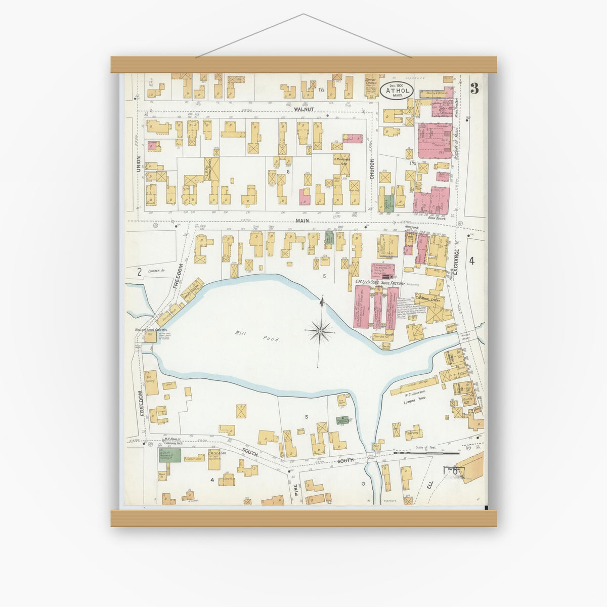 Old map wall art mockup — magnetic wood frame on white wall — Sanborn Fire Insurance Map from Athol, Worcester County, Massachusetts (1900), Sheet #0003