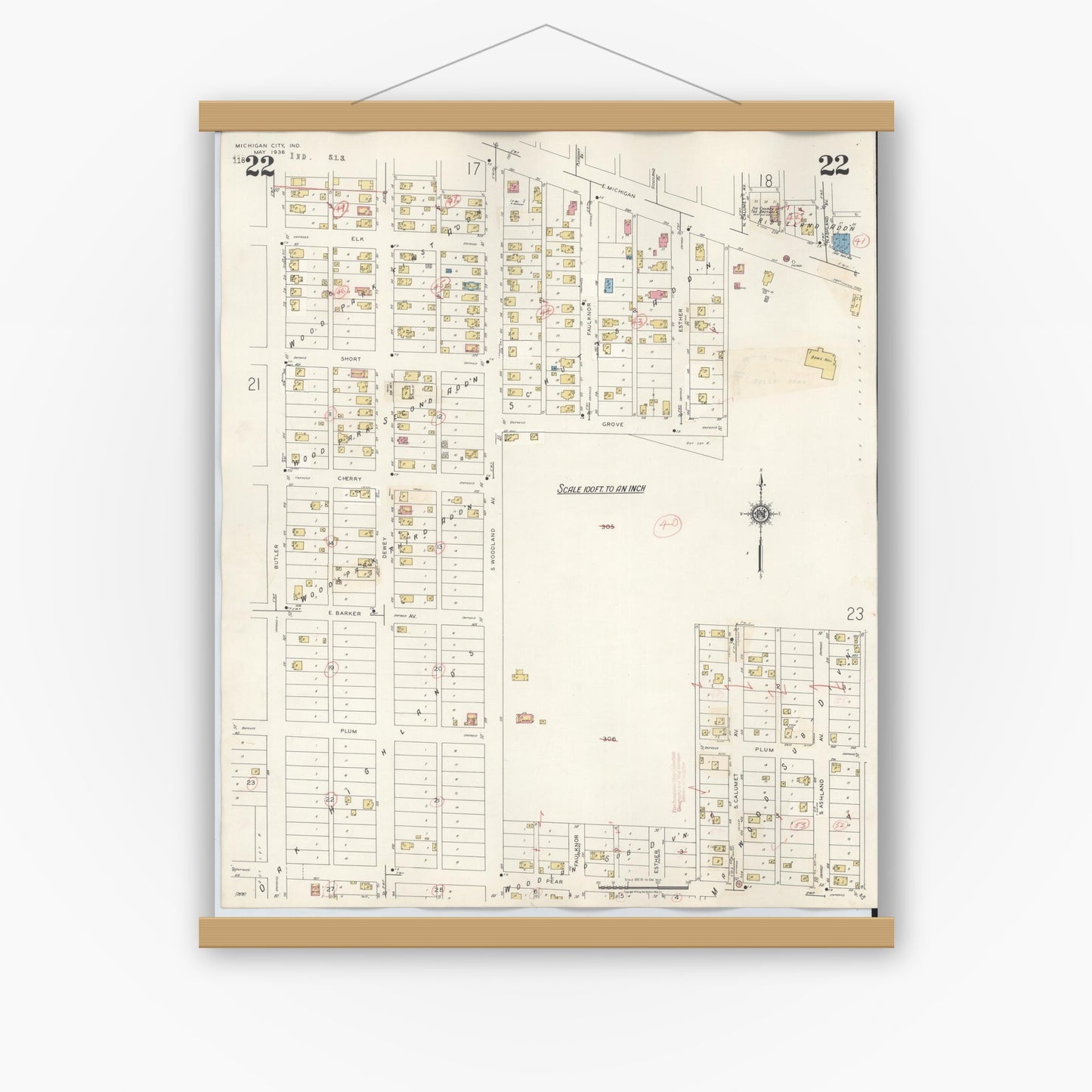 Old map wall art mockup — magnetic wood frame on white wall — Sanborn Fire Insurance Map from Michigan City, La Porte County, Indiana (1948), Sheet #0022