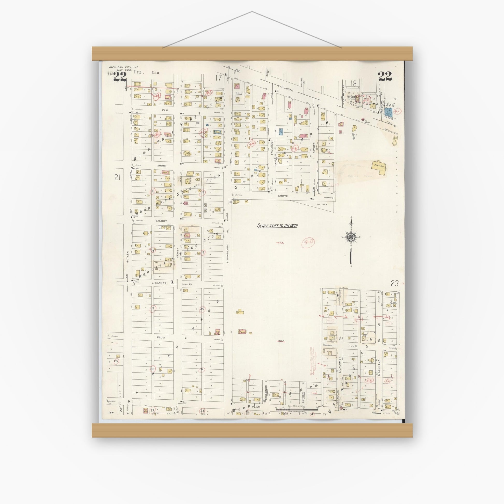 Old map wall art mockup — magnetic wood frame on white wall — Sanborn Fire Insurance Map from Michigan City, La Porte County, Indiana (1948), Sheet #0022