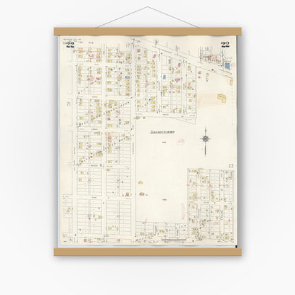 Old map wall art mockup — magnetic wood frame on white wall — Sanborn Fire Insurance Map from Michigan City, La Porte County, Indiana (1948), Sheet #0022