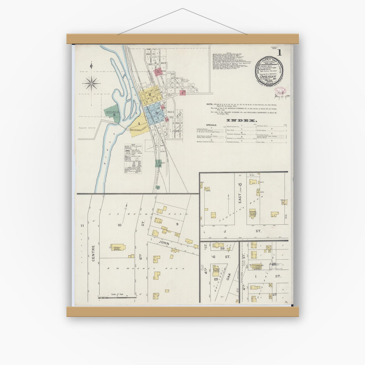 Old map wall art mockup — magnetic wood frame on white wall — Sanborn Fire Insurance Map from Onalaska, La Crosse County, Wisconsin (1894) - Complete Map Set