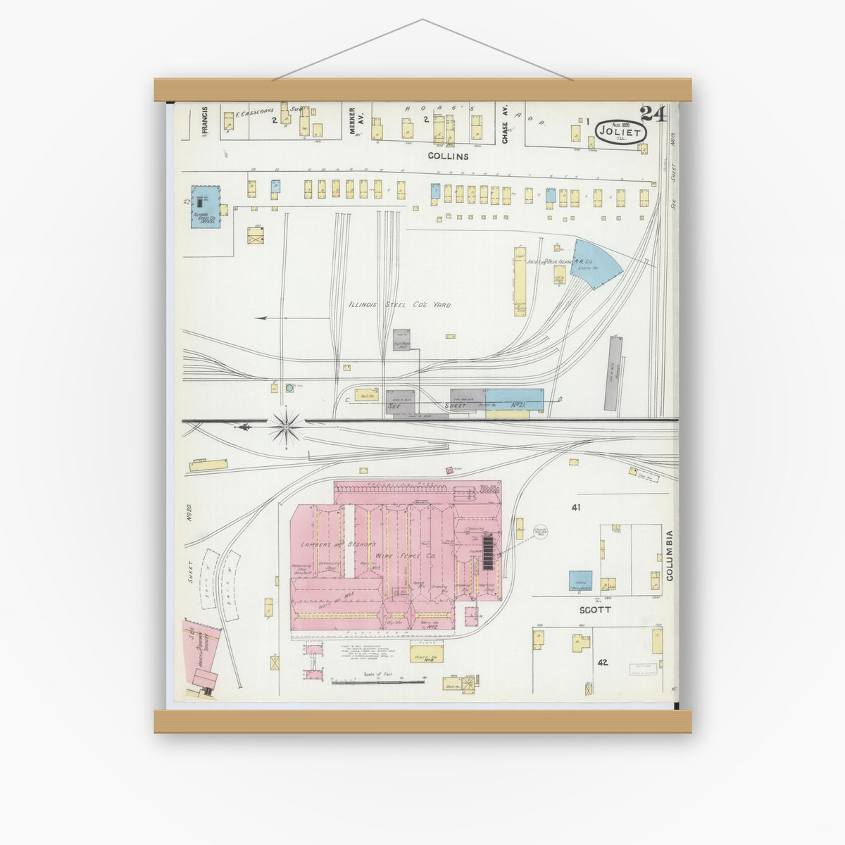 Old map wall art mockup — magnetic wood frame on white wall — Sanborn Fire Insurance Map from Joliet, Will County, Illinois (1891), Sheet #0024