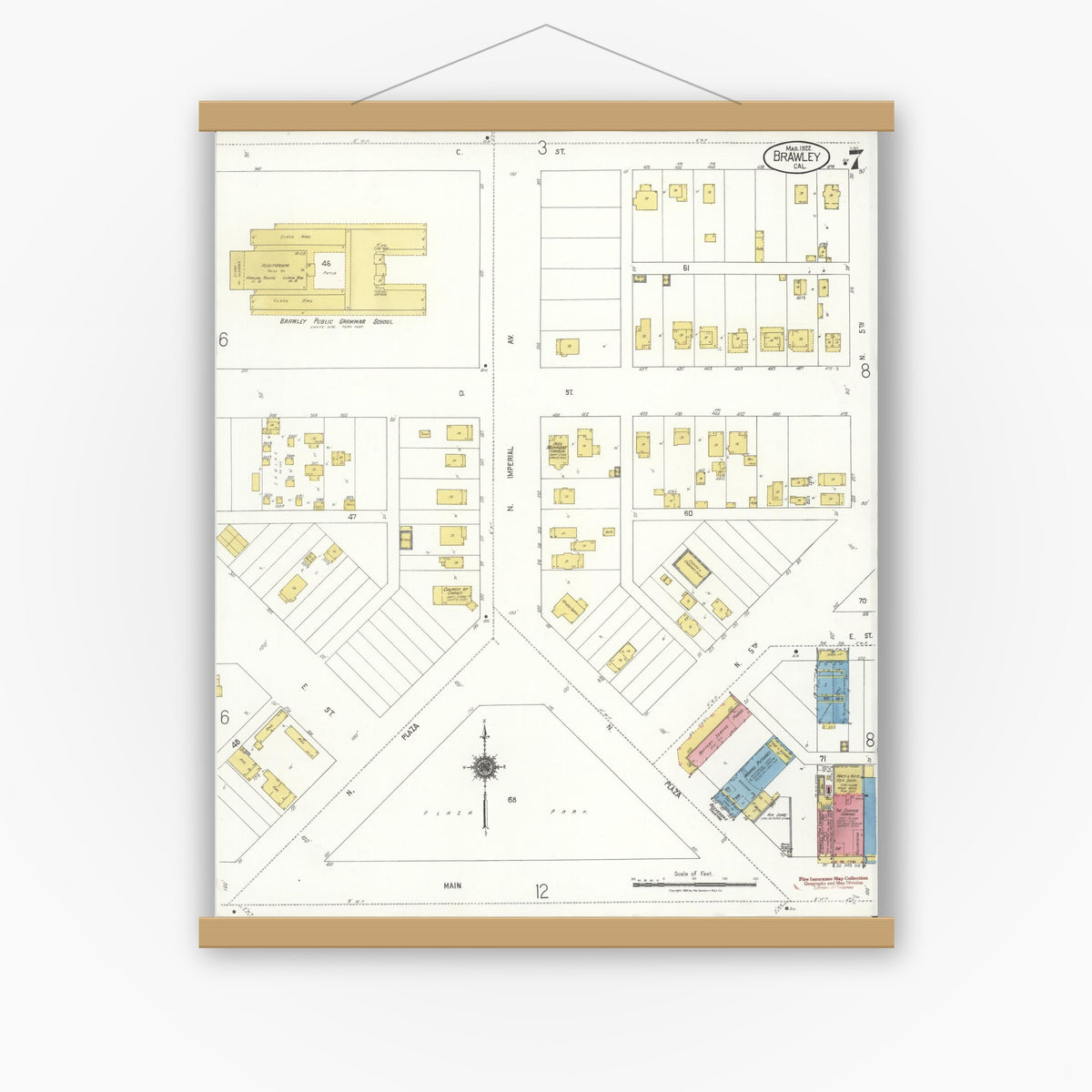 Old map wall art mockup — magnetic wood frame on white wall — Sanborn Fire Insurance Map from Brawley, Imperial County, California (1922), Sheet #0007
