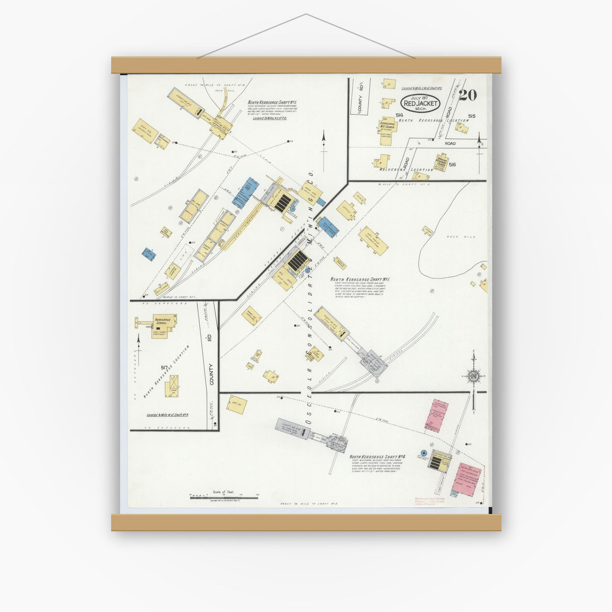 Old map wall art mockup — magnetic wood frame on white wall — Sanborn Fire Insurance Map from Red Jacket, Houghton County, Michigan (1917), Sheet #0020
