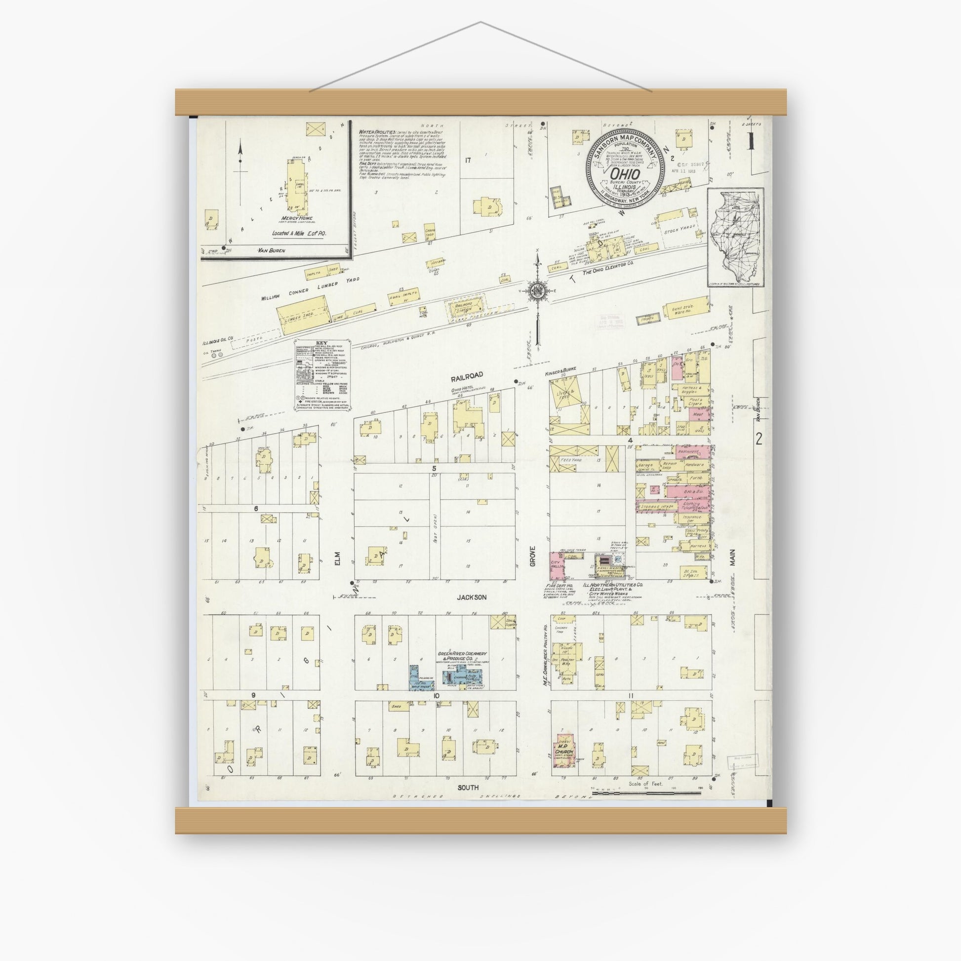 Old map wall art mockup — magnetic wood frame on white wall — Sanborn Fire Insurance Map from Ohio, Bureau County, Illinois (1913) - Complete Map Set