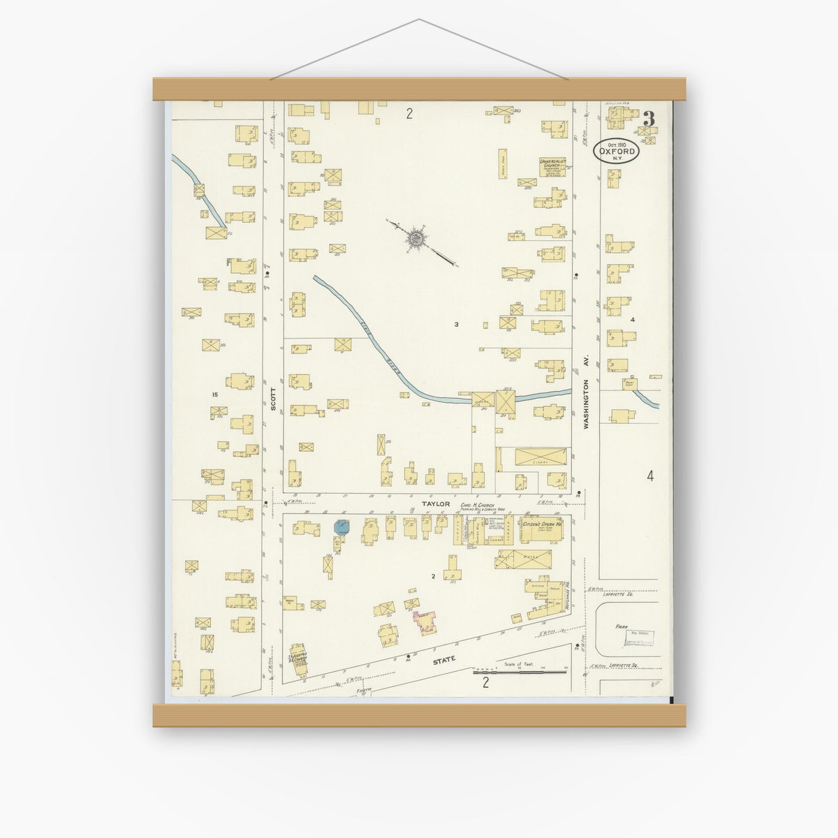 Old map wall art mockup — magnetic wood frame on white wall — Sanborn Fire Insurance Map from Oxford, Chenango County, New York (1910), Sheet #0003